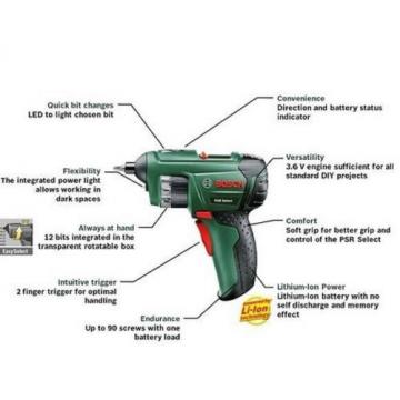 New Bosch 3.6V 1.5Ah Li-Ion PSR Select Cordless Screwdriver Power Tool