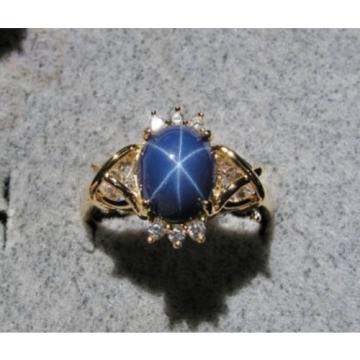 VINTAGE SIGNED LINDE LINDY CF BLUE STAR SAPPHIRE CREATED CAP HRT RING YGP.925 SS