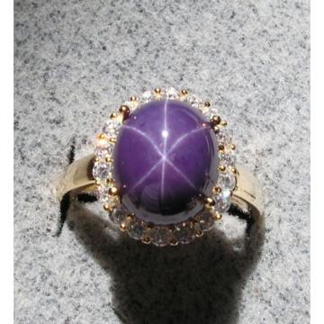 VINTAGE LINDE LINDY PLUM PURPLE STAR SAPPHIRE CREATED HALO RING YLGD PLT .925 SS