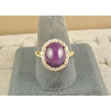 VINTAGE LINDE LINDY PLUM PURPLE STAR SAPPHIRE CREATED HALO RING YLGD PLT .925 SS