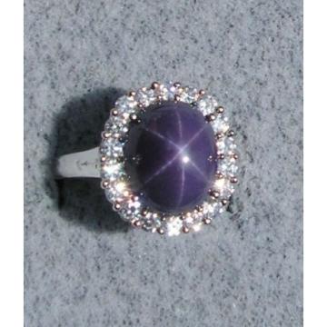 VINTAGE LINDE LINDY PLUM PURPLE STAR SAPPHIRE CREATED HALO RING RD PLT .925 SS