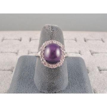 VINTAGE LINDE LINDY PLUM PURPLE STAR SAPPHIRE CREATED HALO RING RD PLT .925 SS