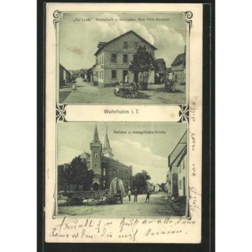 AK Wehrheim, Gasthaus u. Metzgerei zur Linde, Bes. F. Sommer, Rathaus u. ev. Ki