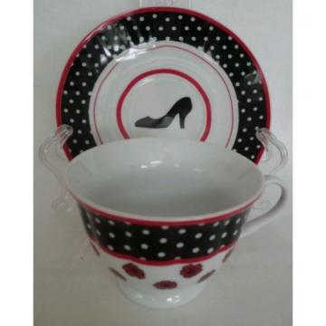 Linde Lane Dress Up High Heel Shoe China Tea Cup Saucer Teacup Black Red Polka